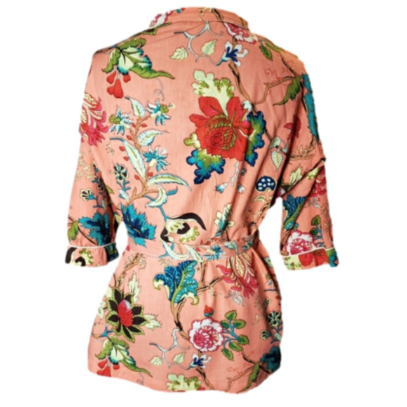 Coral pink & floral light beach wrap kimono style robe with belt - Picture 2 of 12
